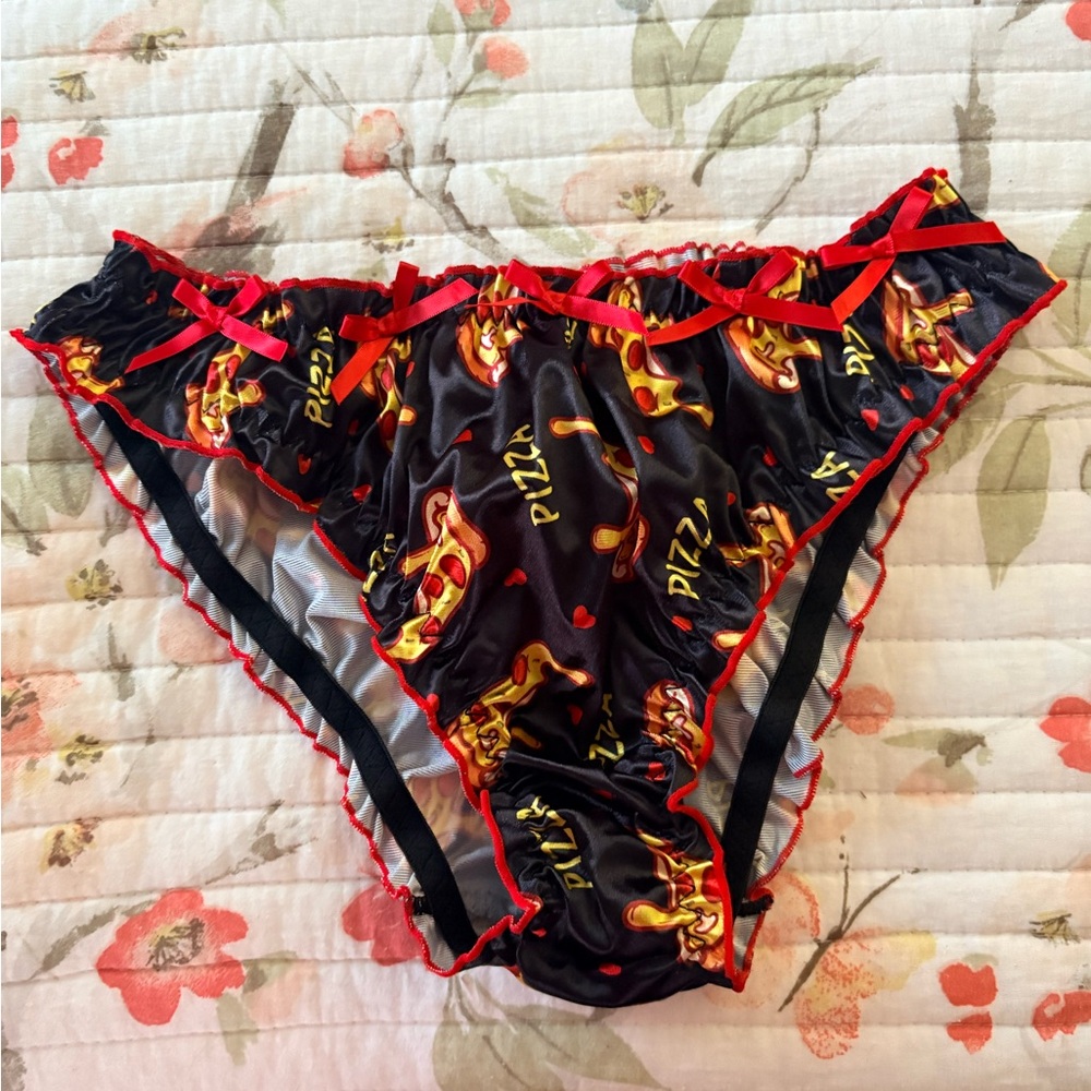 Pizza Print Black Bikini Satin Ruffle Panties